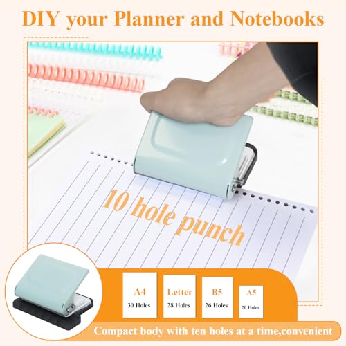 Hoqqf 10 Hole Punch Binding Machine for Planners with 10 MultiColor Binder Rings 30 Holes on A4 20 Holes on A5 26 Holes on B5 10 Sheet Capacity Pale Blue - Image 3