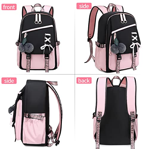 FENGDONG Teenage Girls Bookbag School Backpack Children Casual Daypack Schoolbag for Teens Black Pink - Image 3