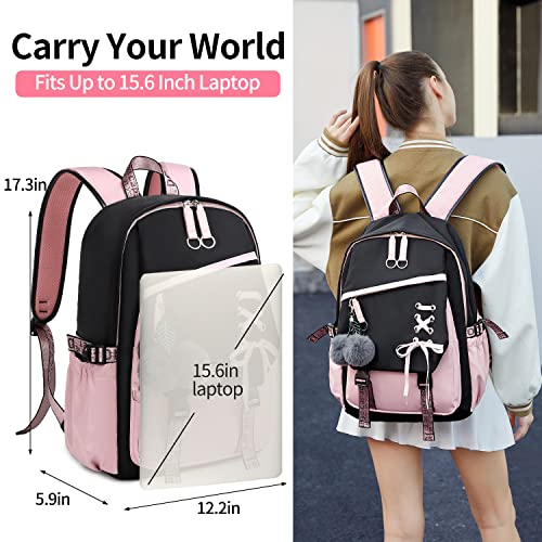 FENGDONG Teenage Girls Bookbag School Backpack Children Casual Daypack Schoolbag for Teens Black Pink - Image 2