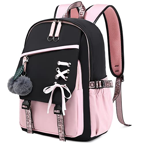 FENGDONG Teenage Girls Bookbag School Backpack Children Casual Daypack Schoolbag for Teens Black Pink - Image 1