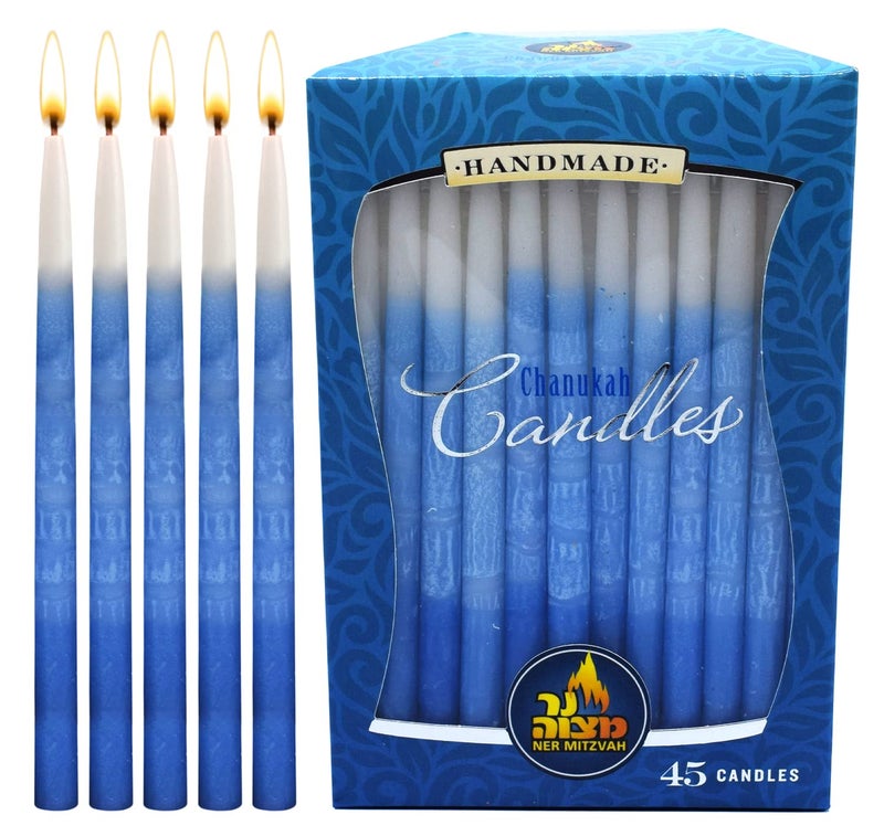 Ner Mitzvah Dripless Chanukah Candles, Decorated Ombre Blue & White Hanukkah Candles Fits Most Menorahs, Premium Quality Wax for All 8 Nights of Hanukkah - Standard Size - 45 Count - Image 1