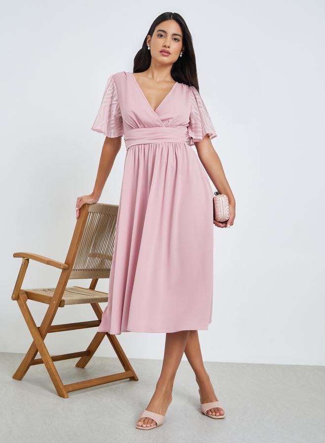 Pink Printed Short Sleeves A-Line Midi Dress