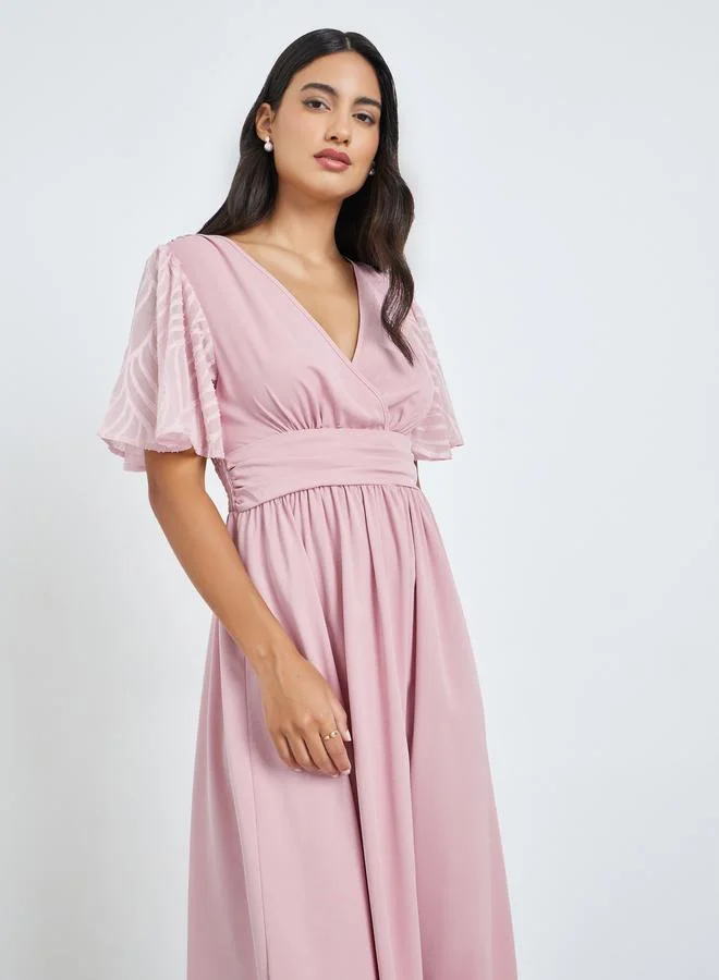 Styli Pink Printed Short Sleeves A-Line Midi Dress