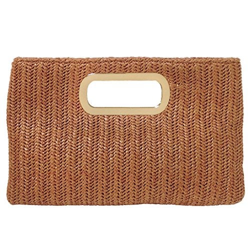 JNB Top Handle Straw Clutch (Tan) Large - Image 1