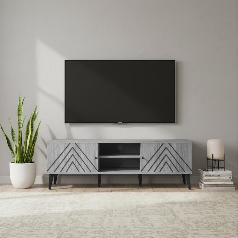 بيتي طاولة تلفزيون خشبية 160 سم 2 درج وارفف خشب ماليزي - رمادي - Image 1