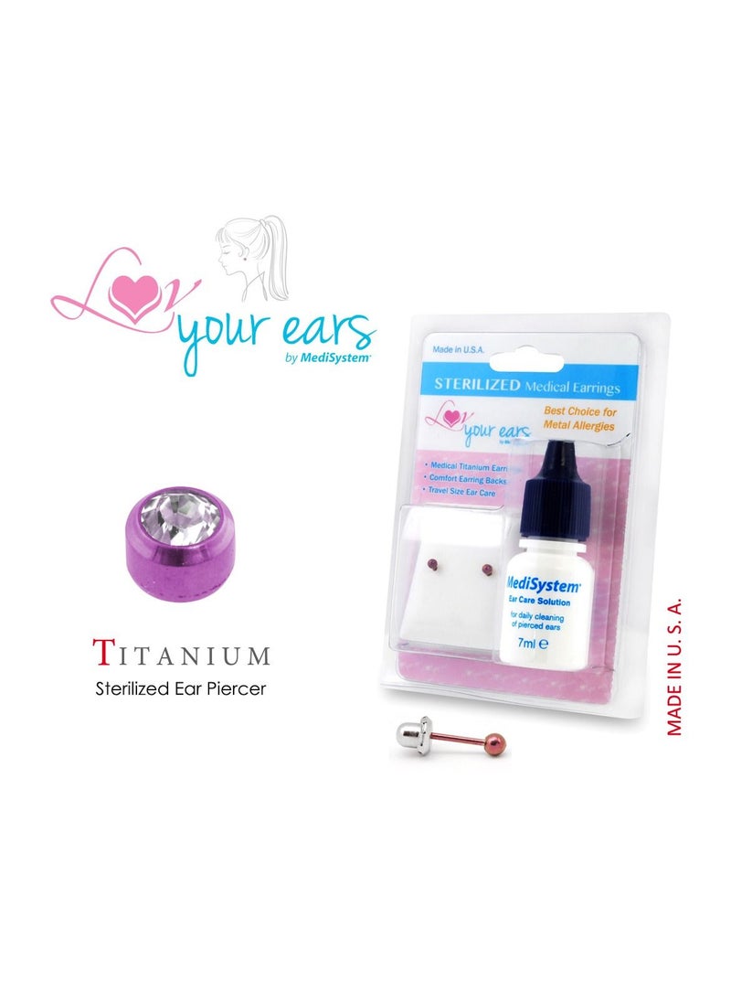 MediSystem Sterilized Medical Earrings Purple Titanium 3mm Crystal Bezel, Made in USA  - Image 1