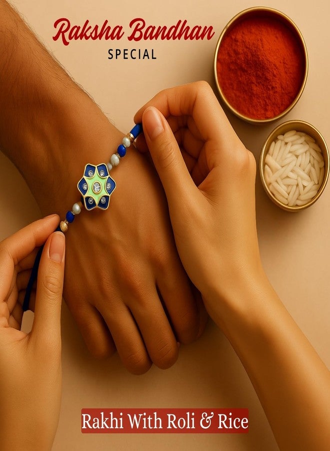 Sage Square Rakhi for Brother, Bhai with Roli Chawal | Raksha Bandhan | Designer Beads, Stones, Decorative Work | Stylish Handcrafted Rakhi Gifting for Sibling Festival Celebration (Type 26) - Image 3