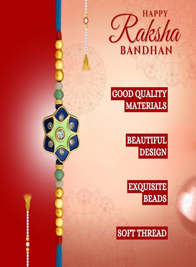 Sage Square Rakhi for Brother, Bhai with Roli Chawal | Raksha Bandhan | Designer Beads, Stones, Decorative Work | Stylish Handcrafted Rakhi Gifting for Sibling Festival Celebration (Type 26) - Image 4