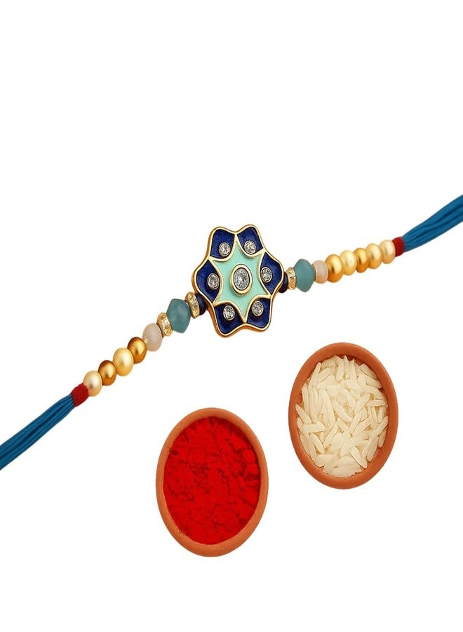 Sage Square Rakhi for Brother, Bhai with Roli Chawal | Raksha Bandhan | Designer Beads, Stones, Decorative Work | Stylish Handcrafted Rakhi Gifting for Sibling Festival Celebration (Type 26) - Image 1