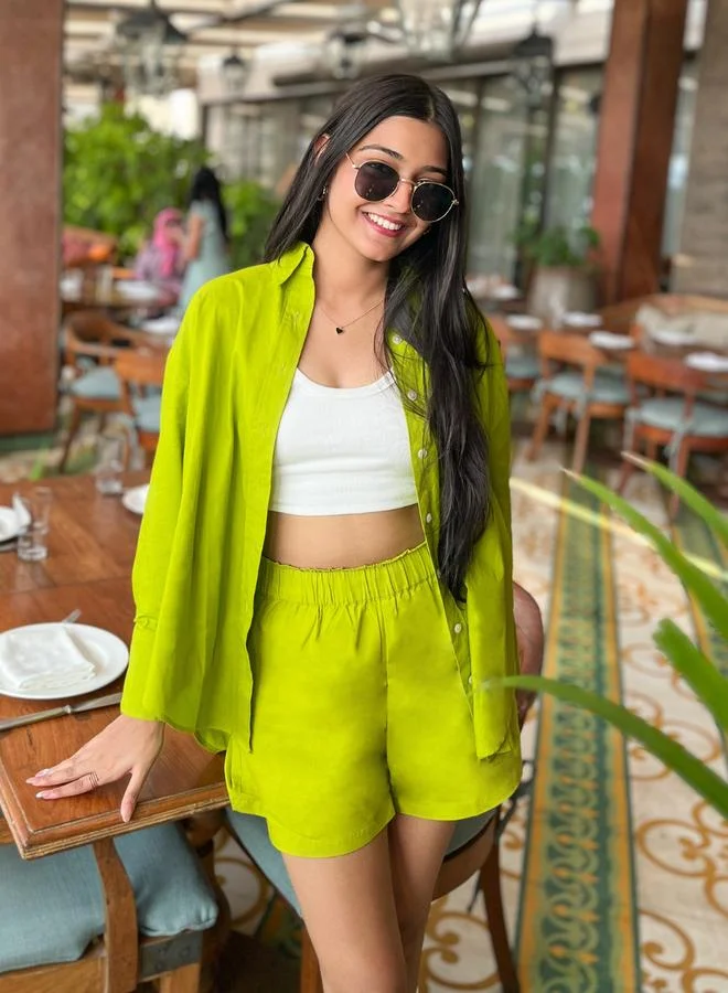 Uptownie Green Plain Cotton Shirt and Shorts Co-Ords