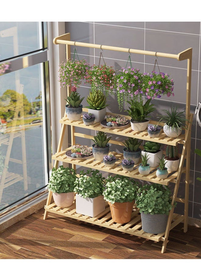 JOYBOS حامل نباتات من الخشب الصلب بعرض 3 طبقات مع سلة معلقة وقضيب خشبي من الخيزران ورف خشبي ومنظم تخزين للمكتب وأرفف سلم خشبية قابلة للطي من الخيزران بثلاث طبقات - Image 1