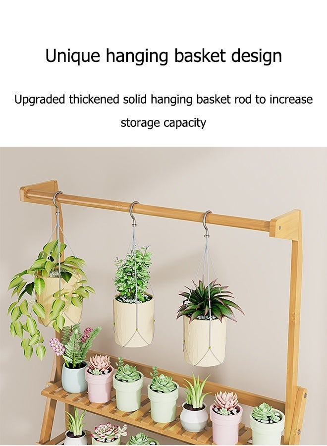 JOYBOS حامل نباتات من الخشب الصلب بعرض 3 طبقات مع سلة معلقة وقضيب خشبي من الخيزران ورف خشبي ومنظم تخزين للمكتب وأرفف سلم خشبية قابلة للطي من الخيزران بثلاث طبقات - Image 4
