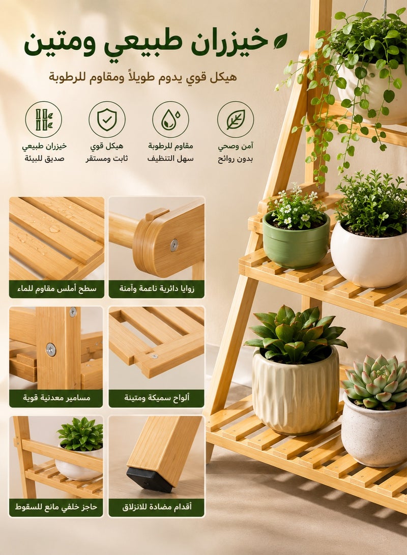Joybos 3-Tier Bamboo Plant Stand with Hanging Rod – Foldable Wooden Flower Rack for Indoor, Balcony & Living Room Storage - Image 4