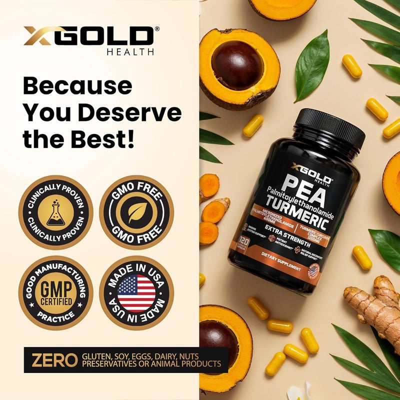 X Gold Health Palmitoylethanolamide 600mg  Turmeric Curcumin Complex 1000mg Micronized Pea 99 Highly Purified and Bioavailable  Made in USA  Supplement for Men and Women  120 Veggie Capsules - Image 5