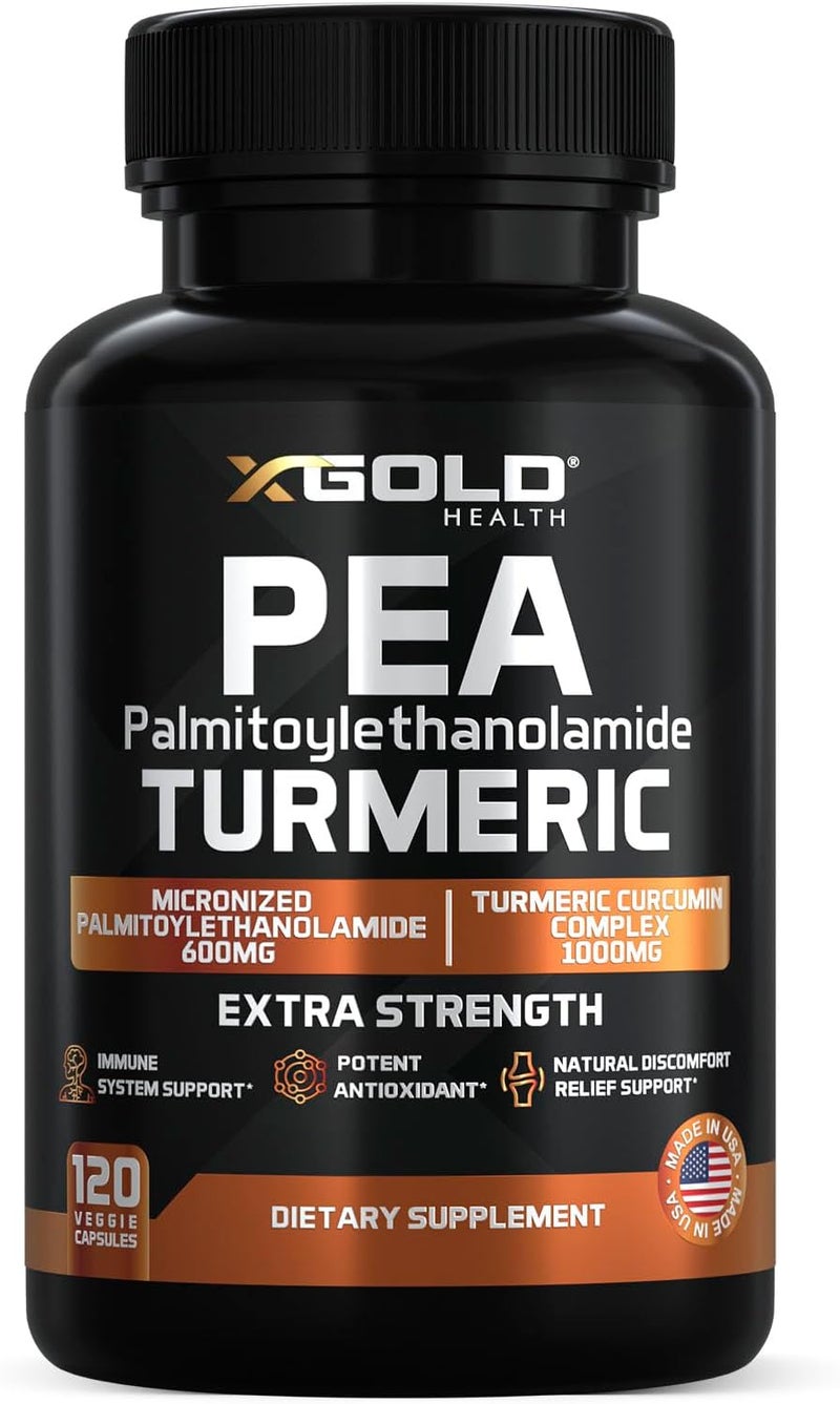 X Gold Health Palmitoylethanolamide 600mg  Turmeric Curcumin Complex 1000mg Micronized Pea 99 Highly Purified and Bioavailable  Made in USA  Supplement for Men and Women  120 Veggie Capsules - Image 1