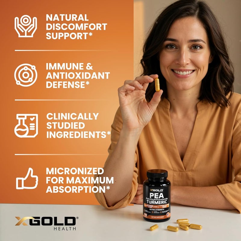 X Gold Health Palmitoylethanolamide 600mg  Turmeric Curcumin Complex 1000mg Micronized Pea 99 Highly Purified and Bioavailable  Made in USA  Supplement for Men and Women  120 Veggie Capsules - Image 3