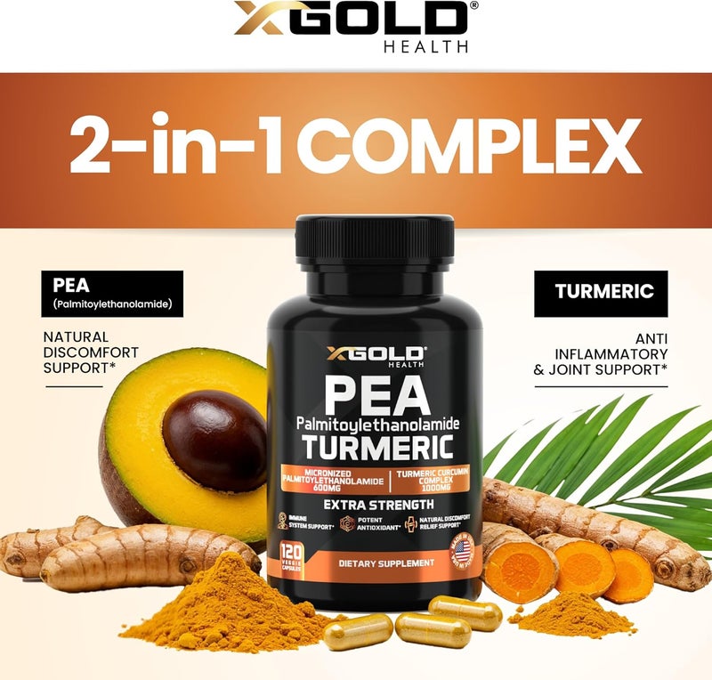 X Gold Health Palmitoylethanolamide 600mg  Turmeric Curcumin Complex 1000mg Micronized Pea 99 Highly Purified and Bioavailable  Made in USA  Supplement for Men and Women  120 Veggie Capsules - Image 4