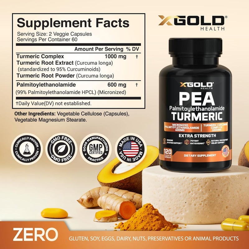 X Gold Health Palmitoylethanolamide 600mg  Turmeric Curcumin Complex 1000mg Micronized Pea 99 Highly Purified and Bioavailable  Made in USA  Supplement for Men and Women  120 Veggie Capsules - Image 2
