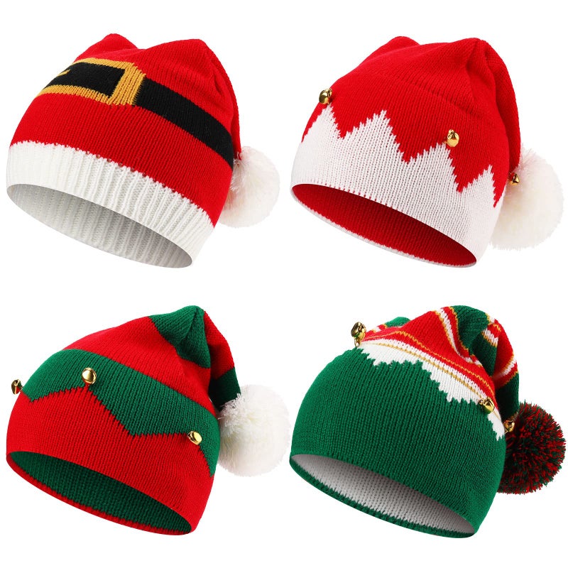 JaGely 4 Pcs Christmas Hats Elf Knitted Hat Xmas Holiday Beanie Child Santa Hat for Kids Christmas Winter Red White GreenClassical Style