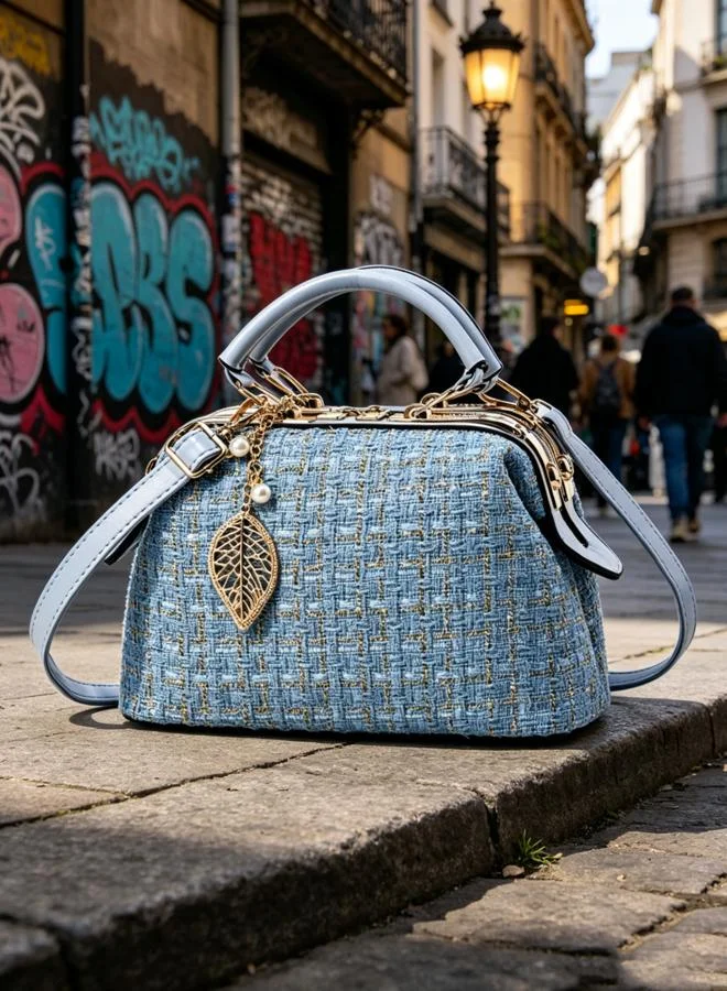 Take Two Light Blue Tweed Shoulder Bag with Leaf Charm