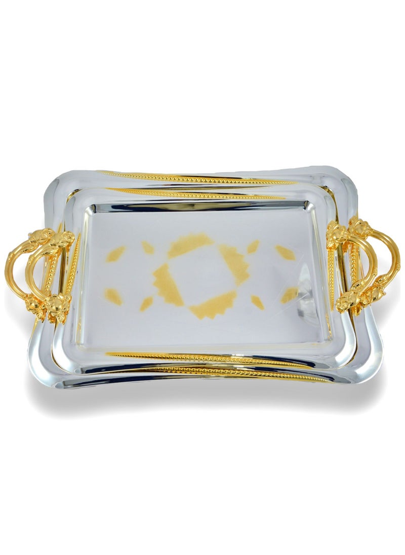 Homemaker 2-Piece Rectangular Luxury Serving Tray, Large 49cm x 35cm & Medium 42cm x 30cm, Steel, Silver & Gold  - Image 1