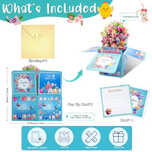 HEYINSHEN 3D Easter Pop Up Cards Happy Easter Pop Up Cards for Kids Easter Eggs Bunny Flower Greeting Card with Envelopes Spring Greeting Card Easter Gifts for Kids Boy Girl Son Daughter Granddaughter - Image 2