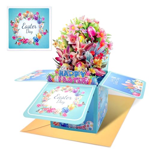 HEYINSHEN 3D Easter Pop Up Cards Happy Easter Pop Up Cards for Kids Easter Eggs Bunny Flower Greeting Card with Envelopes Spring Greeting Card Easter Gifts for Kids Boy Girl Son Daughter Granddaughter - Image 1
