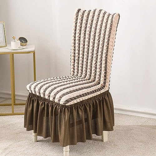 House of Quirk Polyester Turkish Bubble Frill Chair Cover Stretch Removable Washable Short Dining Chair Cover Protector Seat Slipcover (Beige Stripe, Pack of 2) - Image 3