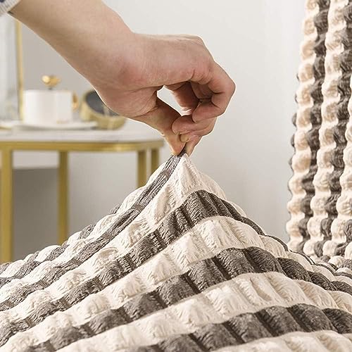 House of Quirk Polyester Turkish Bubble Frill Chair Cover Stretch Removable Washable Short Dining Chair Cover Protector Seat Slipcover (Beige Stripe, Pack of 2) - Image 4
