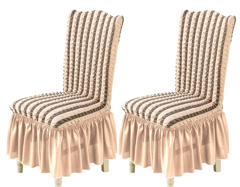 House of Quirk Polyester Turkish Bubble Frill Chair Cover Stretch Removable Washable Short Dining Chair Cover Protector Seat Slipcover (Beige Stripe, Pack of 2) - Image 1