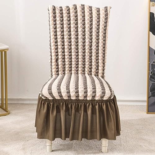 House of Quirk Polyester Turkish Bubble Frill Chair Cover Stretch Removable Washable Short Dining Chair Cover Protector Seat Slipcover (Beige Stripe, Pack of 2) - Image 2