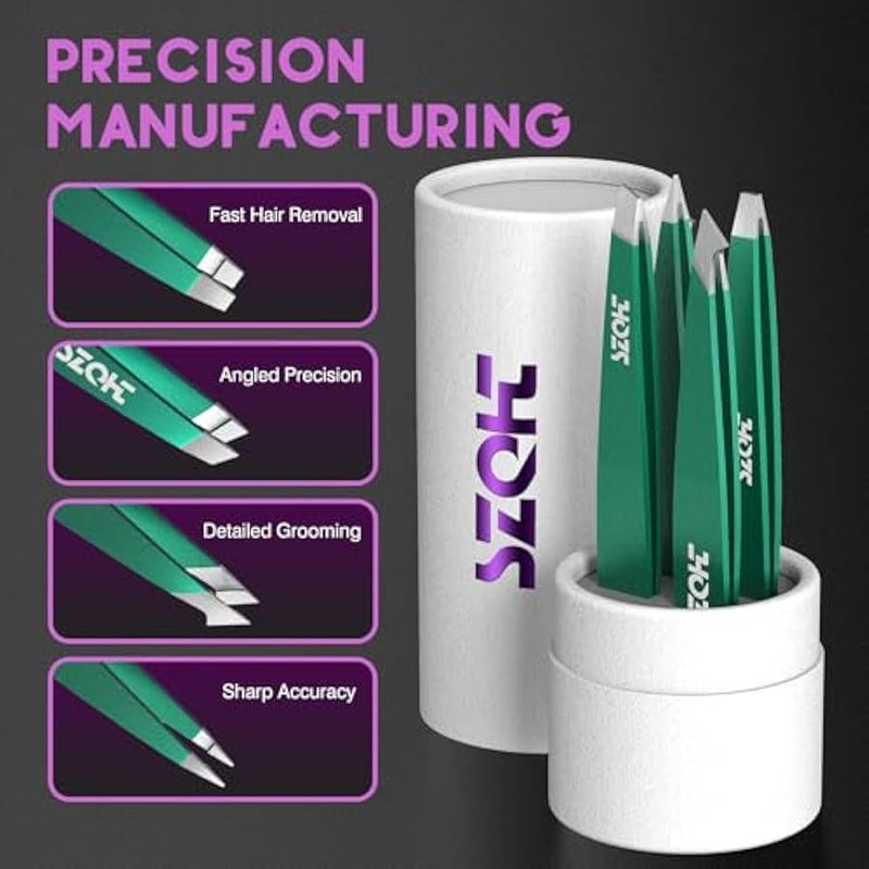 Professional Tweezers Set for Eyebrows – 4PC Precision Stainless Steel Tweezers Kit with Slant, Pointed & Flat Tips – Eyebrow Hair Removal Tool for Women & Men – Eco-Friendly Paper Tube Packaging - Image 5