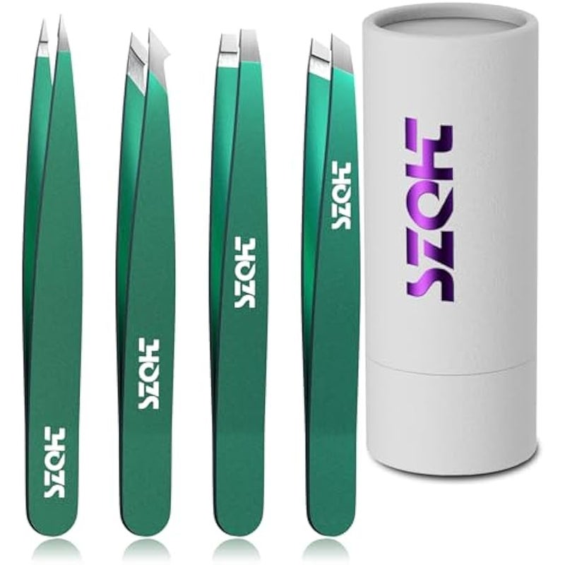 Professional Tweezers Set for Eyebrows – 4PC Precision Stainless Steel Tweezers Kit with Slant, Pointed & Flat Tips – Eyebrow Hair Removal Tool for Women & Men – Eco-Friendly Paper Tube Packaging - Image 1
