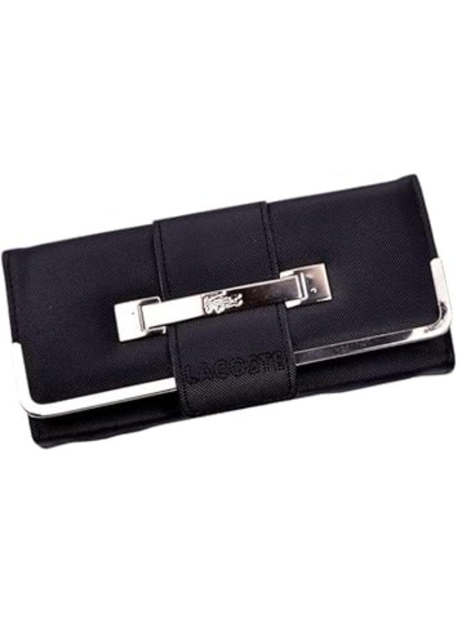 Women's long wallet, faux leather with metal holder, multiple pockets for cash, cards and phone, 19x20x3 cm