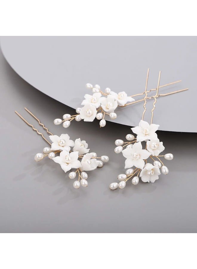 Chargances 3pcs White Flower Pearl Hair Pins Bridal Silver Pearl Beaded Hair Pins Handmade Wedding Hair Accessories for Women Girls Bridesmaids (Silver) - Image 2