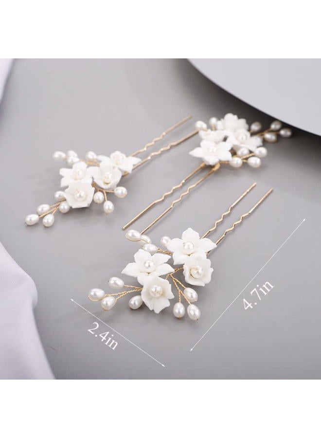 Chargances 3pcs White Flower Pearl Hair Pins Bridal Silver Pearl Beaded Hair Pins Handmade Wedding Hair Accessories for Women Girls Bridesmaids (Silver) - Image 4
