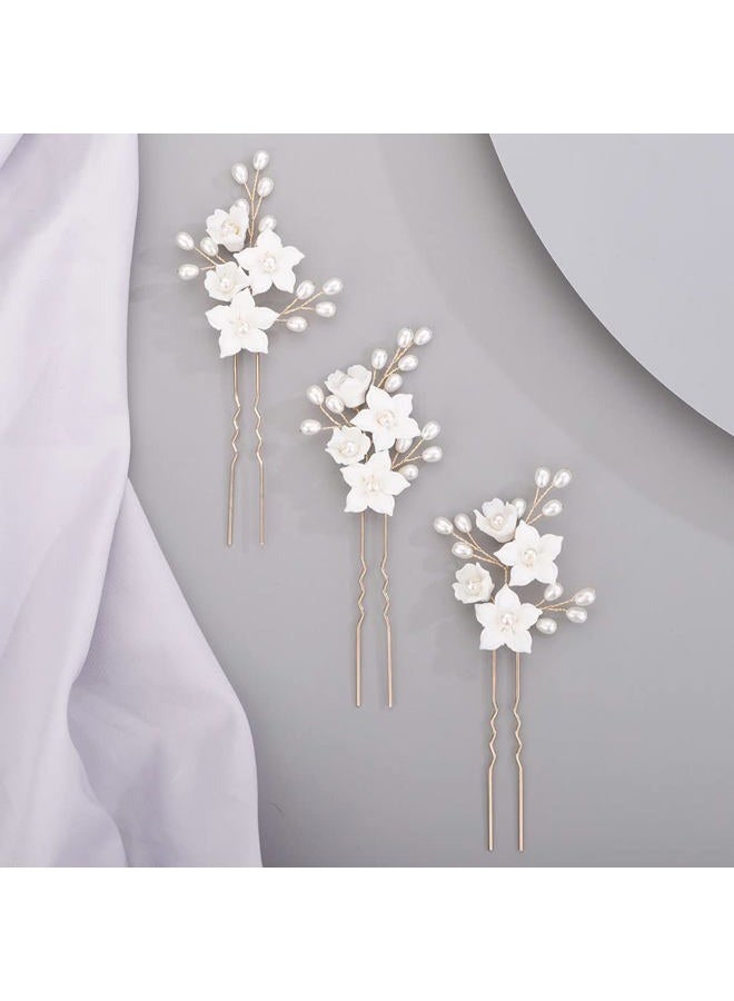 Chargances 3pcs White Flower Pearl Hair Pins Bridal Silver Pearl Beaded Hair Pins Handmade Wedding Hair Accessories for Women Girls Bridesmaids (Silver) - Image 1