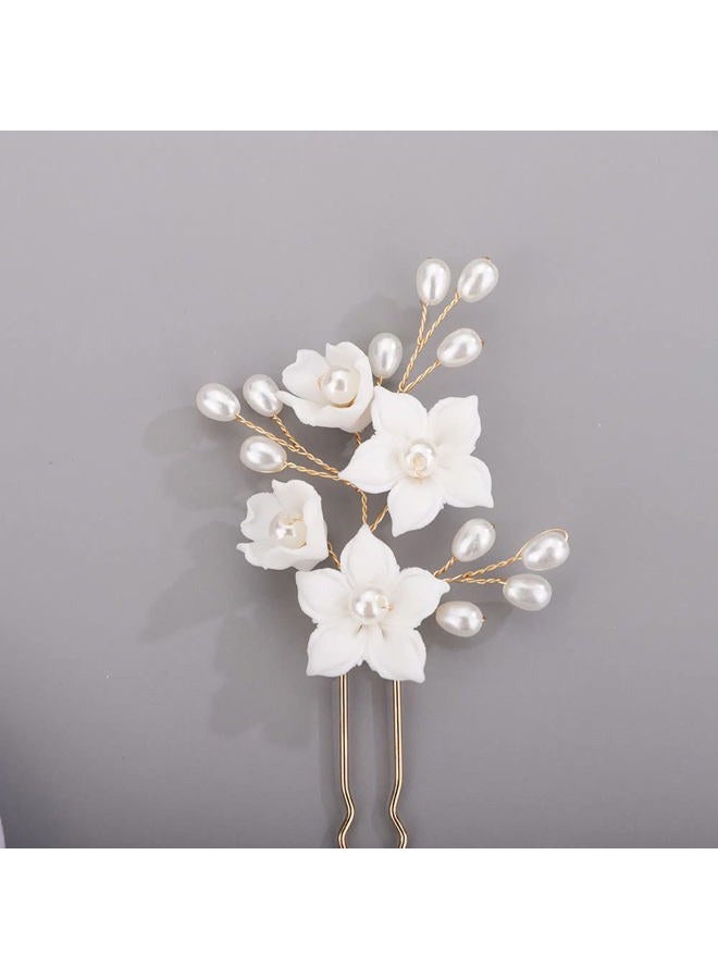 Chargances 3pcs White Flower Pearl Hair Pins Bridal Silver Pearl Beaded Hair Pins Handmade Wedding Hair Accessories for Women Girls Bridesmaids (Silver) - Image 3
