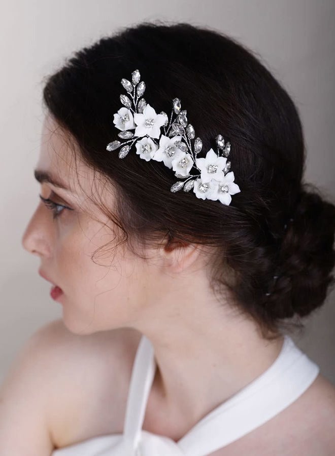 Chargances 3pcs White Flower Pearl Hair Pins Bridal Silver Pearl Beaded Hair Pins Handmade Wedding Hair Accessories for Women Girls Bridesmaids (Silver) - Image 5