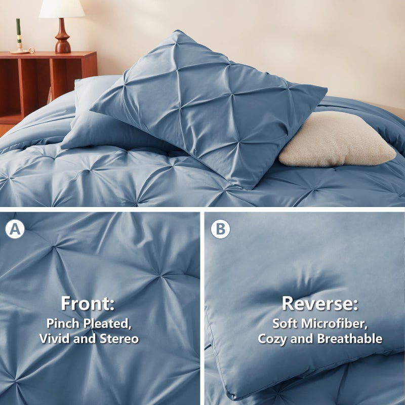 HIMEET Pintuck Bed in a Bag, 7 Pieces Queen Size Comforter Set Grayish Blue, Pinch Pleat Bed in a Bag, Soft All Season Bedding Sets with Comforter, Flat Sheet, Fitted Sheet and Pillowcases & Shams - Image 3