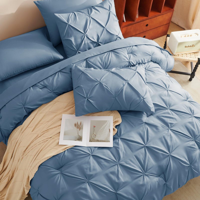 HIMEET Pintuck Bed in a Bag, 7 Pieces Queen Size Comforter Set Grayish Blue, Pinch Pleat Bed in a Bag, Soft All Season Bedding Sets with Comforter, Flat Sheet, Fitted Sheet and Pillowcases & Shams - Image 4