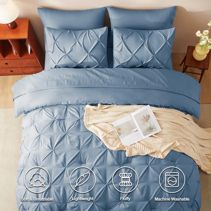 HIMEET Pintuck Bed in a Bag, 7 Pieces Queen Size Comforter Set Grayish Blue, Pinch Pleat Bed in a Bag, Soft All Season Bedding Sets with Comforter, Flat Sheet, Fitted Sheet and Pillowcases & Shams - Image 2