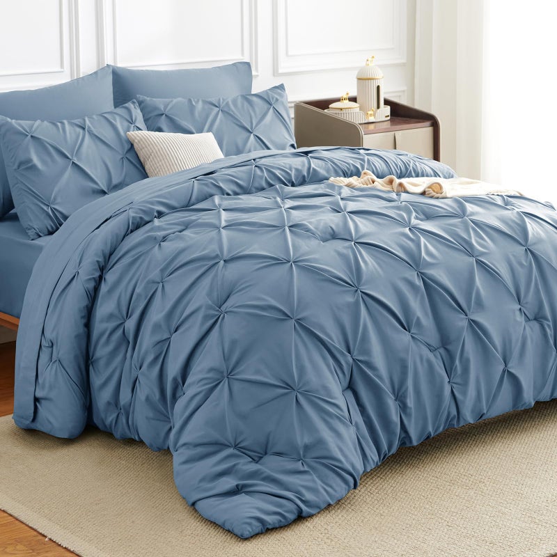 HIMEET Pintuck Bed in a Bag, 7 Pieces Queen Size Comforter Set Grayish Blue, Pinch Pleat Bed in a Bag, Soft All Season Bedding Sets with Comforter, Flat Sheet, Fitted Sheet and Pillowcases & Shams - Image 1