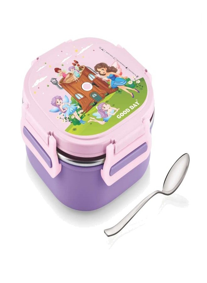 GOOD DAY Stainless Steel Lunch Box with Divider | Inner Steel Food Container with Plastic Outer Case | Compact Tiffin Box for School Office Travel | Spoon Included|Pink Colour - Image 1