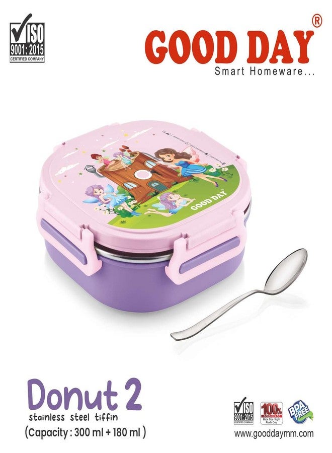 GOOD DAY Stainless Steel Lunch Box with Divider | Inner Steel Food Container with Plastic Outer Case | Compact Tiffin Box for School Office Travel | Spoon Included|Pink Colour - Image 2