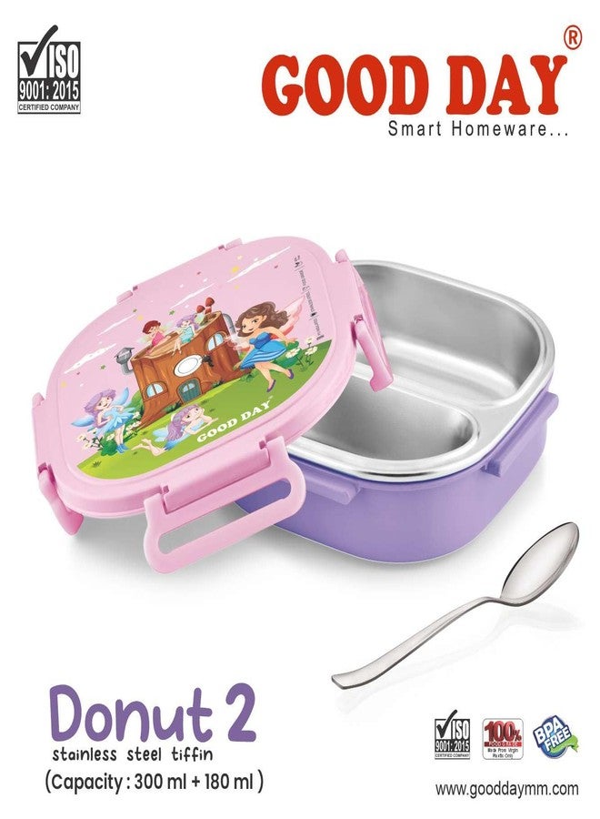 GOOD DAY Stainless Steel Lunch Box with Divider | Inner Steel Food Container with Plastic Outer Case | Compact Tiffin Box for School Office Travel | Spoon Included|Pink Colour - Image 4
