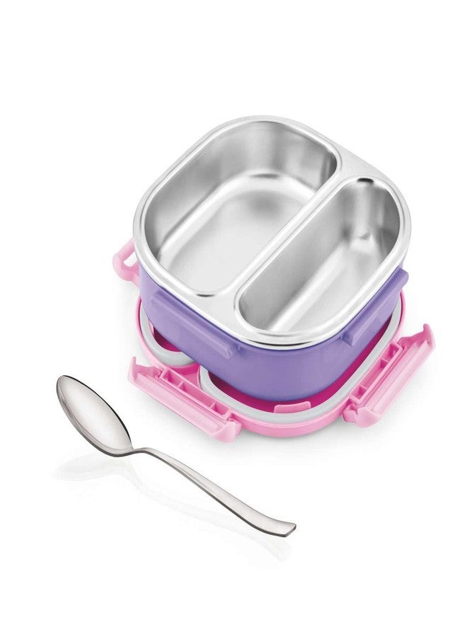 GOOD DAY Stainless Steel Lunch Box with Divider | Inner Steel Food Container with Plastic Outer Case | Compact Tiffin Box for School Office Travel | Spoon Included|Pink Colour - Image 3