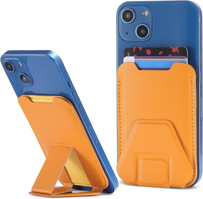 ClickCase Charlie Leather Metro, Credit Card Holder for Back of Mobile Phone or Case, Kickstand 3M Adhesive Sleeves Stick on Phone Back Wallet with Stand for All Smartphones (Yellow) - Image 1