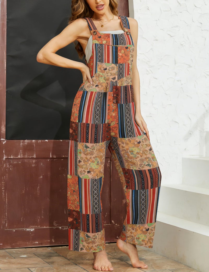 Himosyber Women's Patchwork Dual Pocket Jumpsuit Loose Floral Print Bohemian Wide Leg Bib Overall (RustyOrange-M) - Image 2