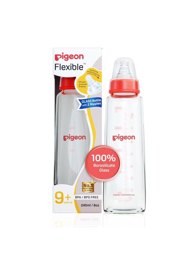 pigeon Flexible Glass Nursing/Feeding Bottle With Added Nipple L, For 9+ Month Babies, Borosilicate Nursing/Feeding Bottle for Babies, BPA Free, BPS Free,  Red, 240 ml - Image 1